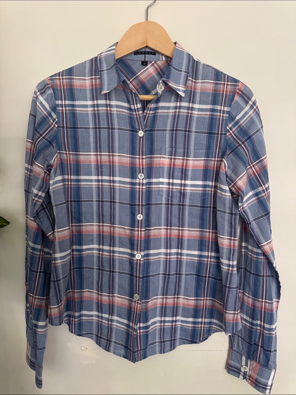 Theory Blue and Pink Plaid Button-Down Shirt